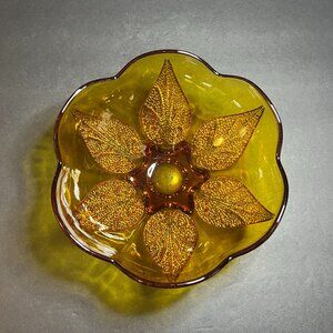 Vintage Anchor Hocking Amber Glass Beaded Leaf Pattern Scalloped Edge Bowl